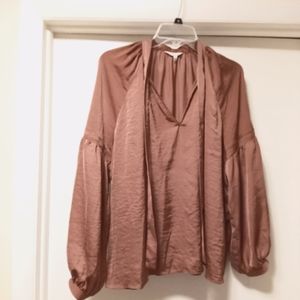 Lucky Brand Dark Mauve Tie-Neck Puff Sleeve V-neck Blouse Top sz L
